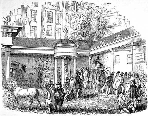 a black and white sketch of a Tattersall race horse auction in Hyde Park
