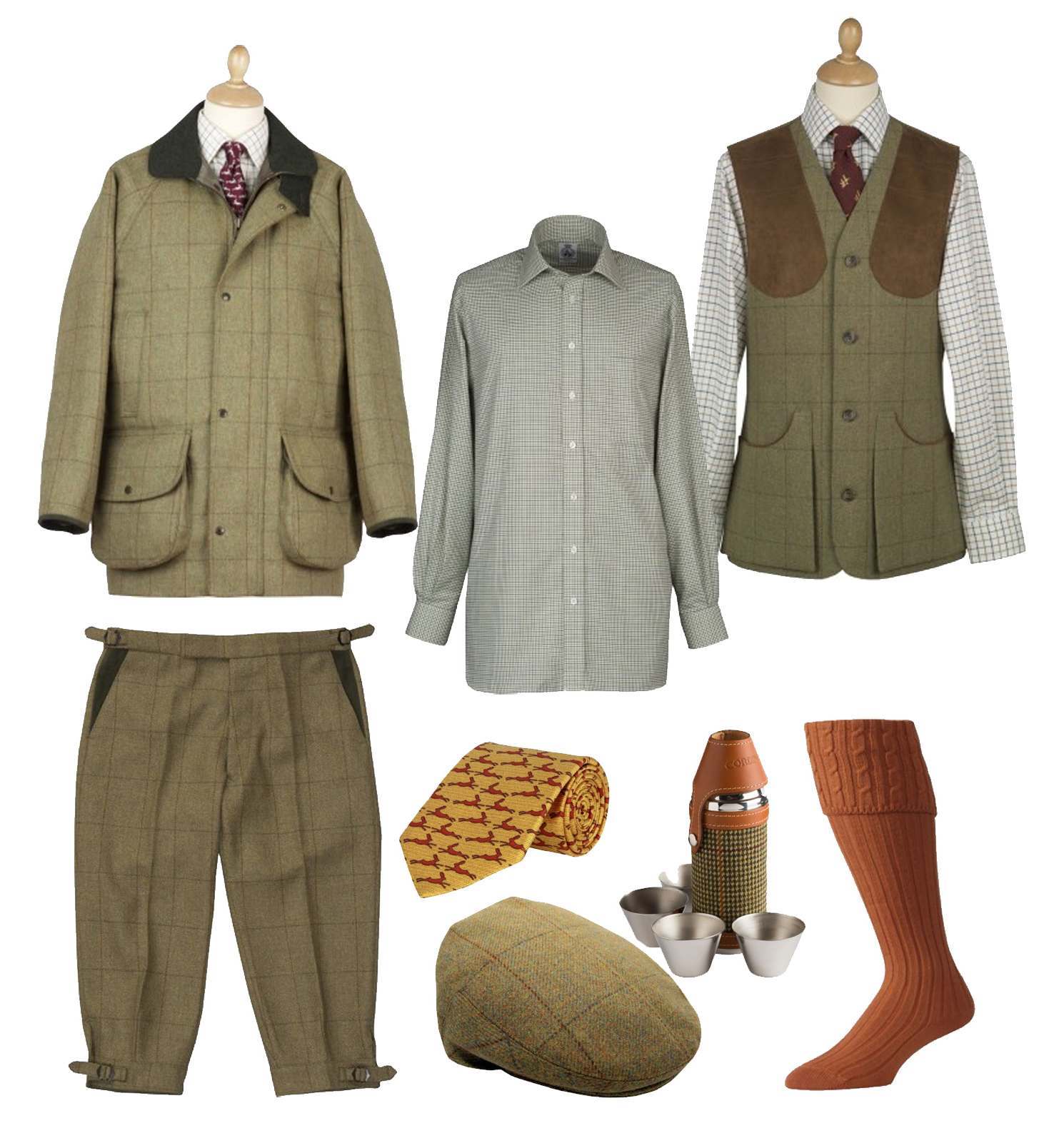 A collection of Cordings clothing items for a shooting trip including a tweet shooting jacket, a cotton tattersall shirt, a shooting waistcoat, tweed plus twos, a tweed cap, yellow silk tie, tween flask and dark orange shooting stockings