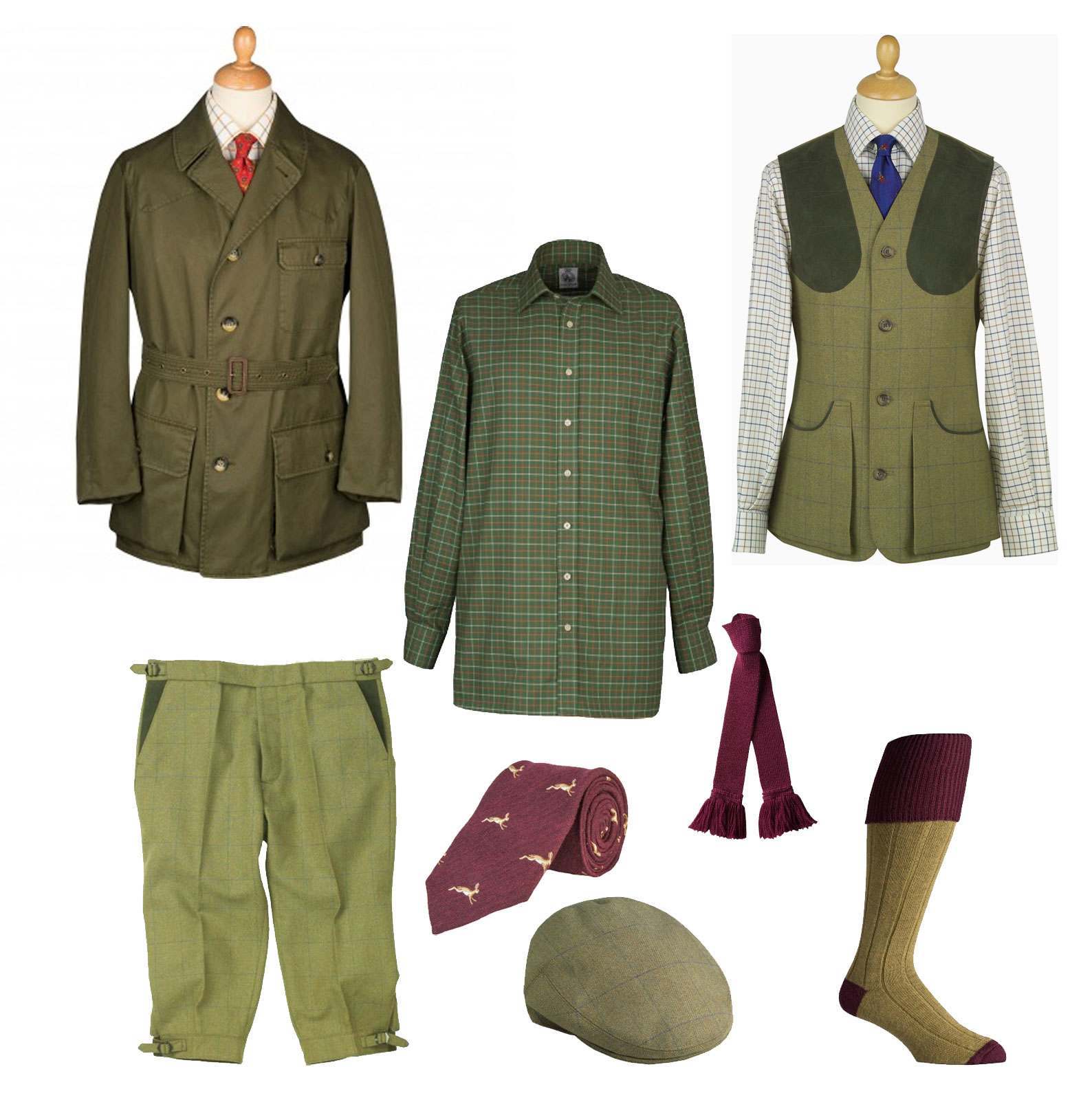 Image displaying a shooting outfit suggestion that includes a Grenfell jacket, shooting waistcoat, breeks, hare tie, stocking, garter, tattersall shirt and tweed flat cap