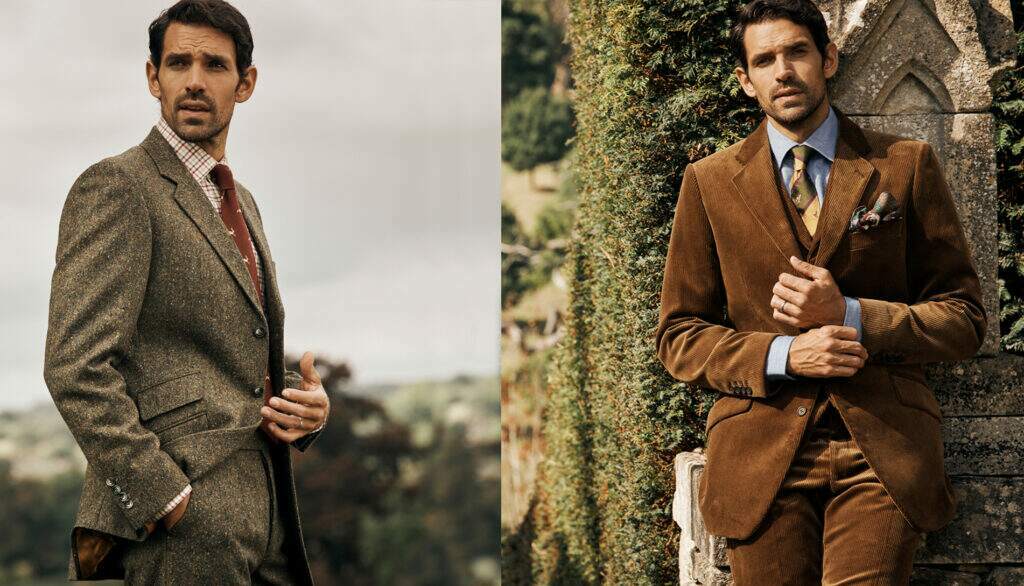 an image of a man wearing a tweed suit, with a tattersall shirt, and a burgundy tie, next to a second image of a man wearing a brown moleskin three piece suit, with a blue shirt, a green and yellow tie, and a pocket square