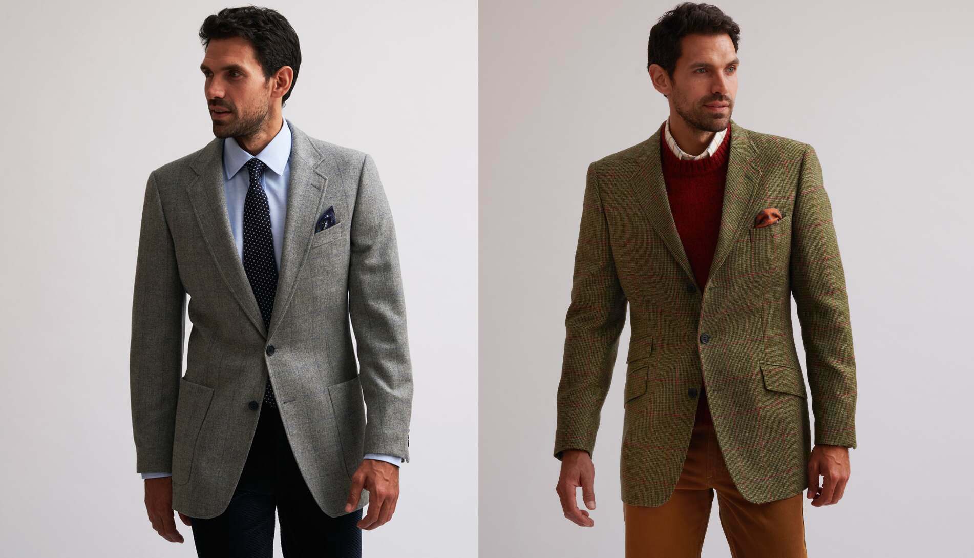two button and three button tweed jackets
