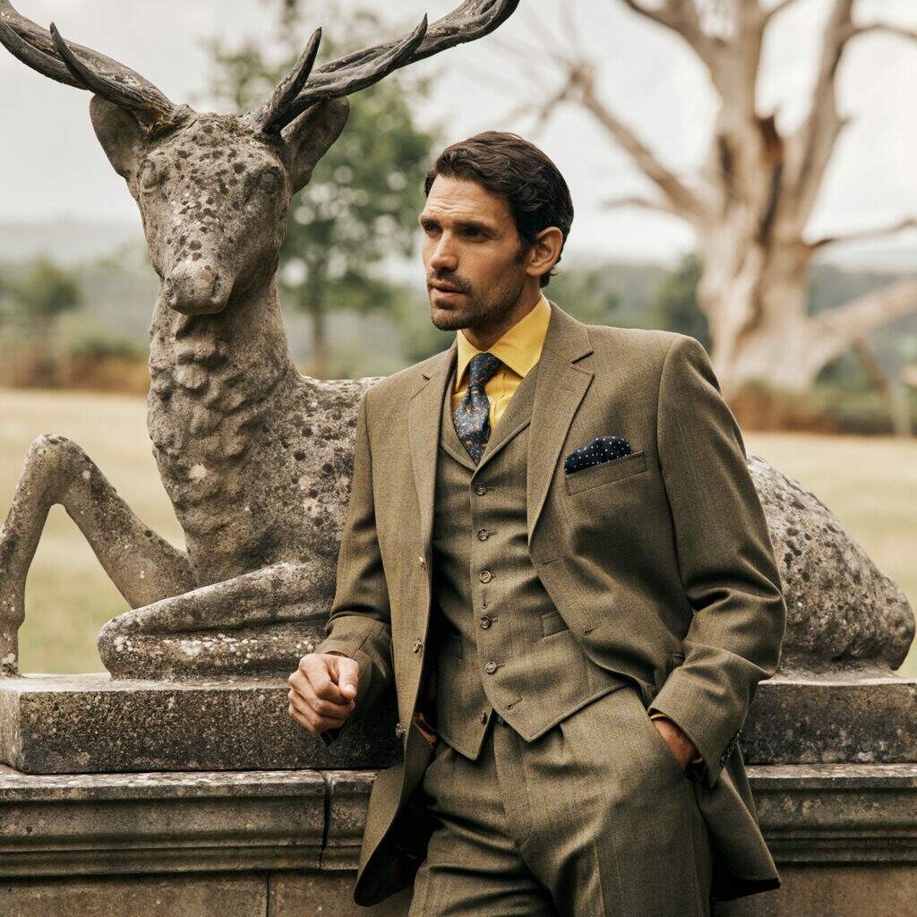 man outside casually leaning on a deer sculpture wearing a green tweed three piece suit, with a yellow shirt and matching blue tie and pocket hankerchief.