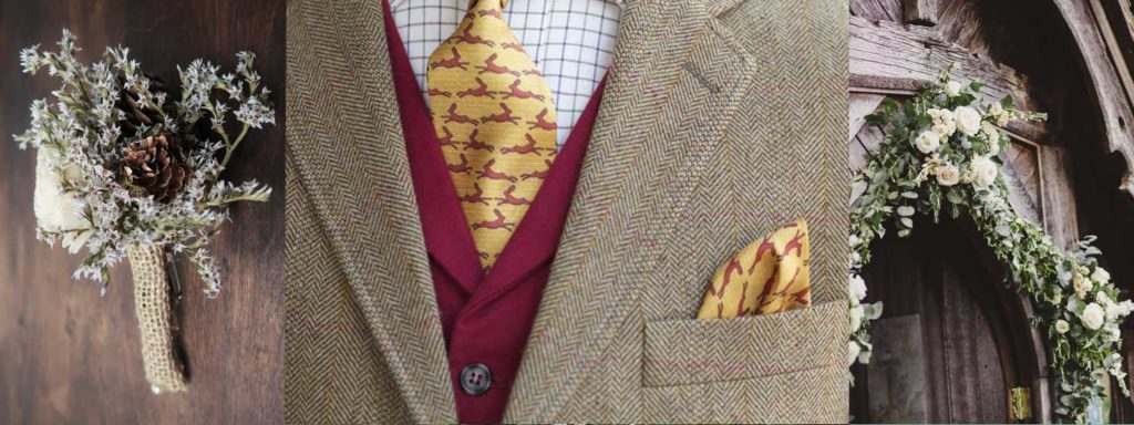 a bouquet of flowers positioned next to a close up of a tweed suit adorned with a yellow pocket handkerchief and matching tie