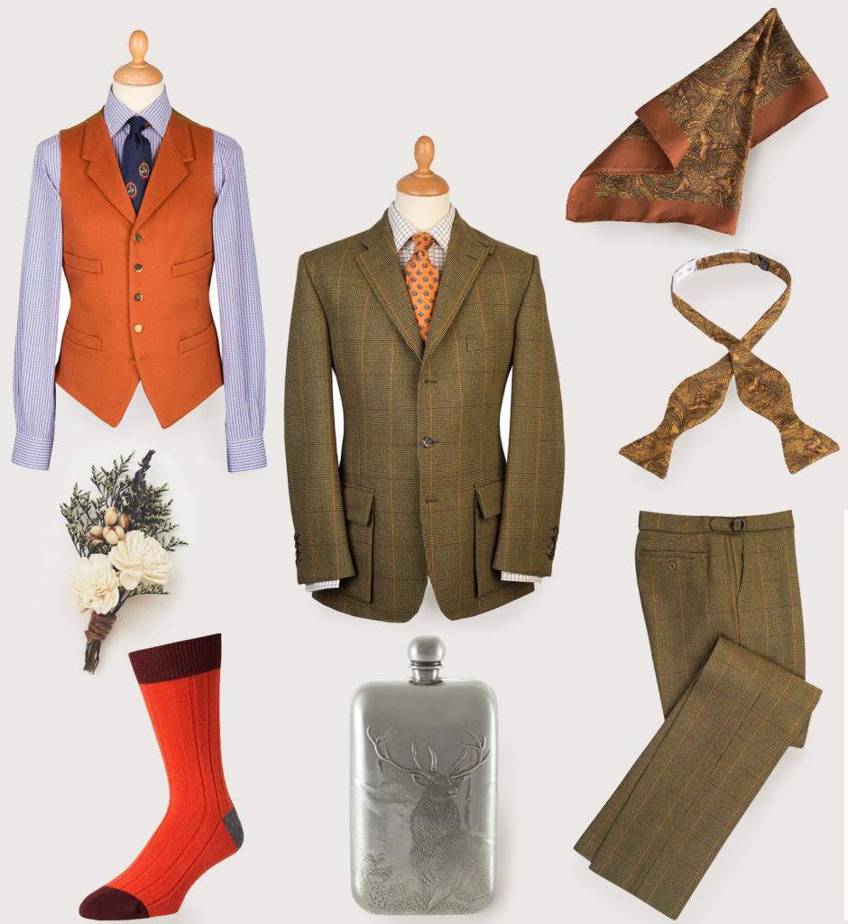 A collection of tweed items of clothing and accessories, including a female blouse, a male tweed jacket a red sock, a necktie, a pair of dark green tweed trousers and a metal flask featuring a stag.