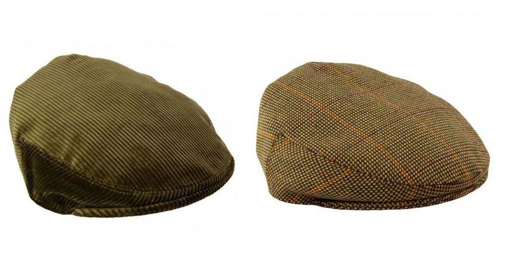 two flat caps, the left in olive green corduroy and the right in a checked tweed