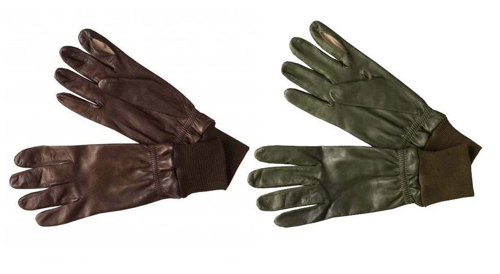 two pairs of leather shooting gloves in green and brown