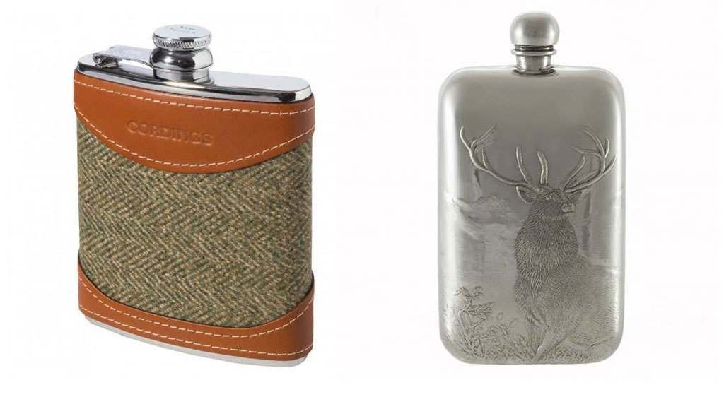 A selection of Cordings hip flasks in tweed and engraved pewter.