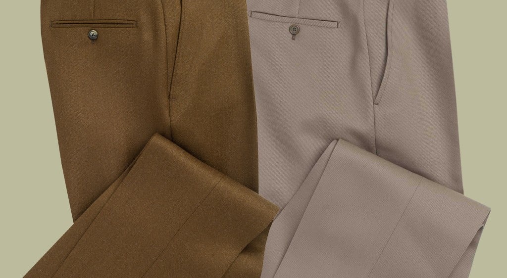 Close up of Cavalry Twill and Whipcord trousers
