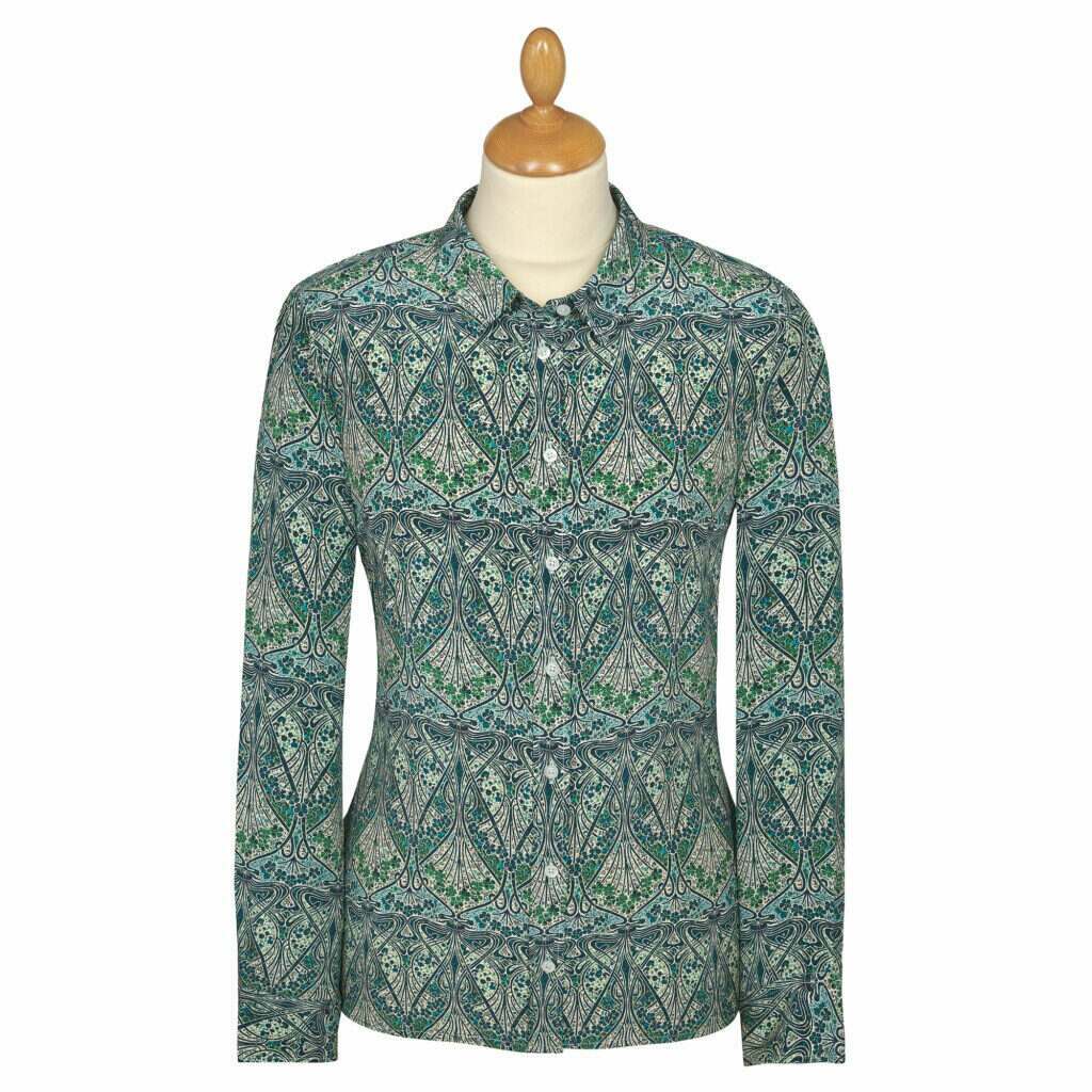 mannequin displaying a classic Liberty print shirt in blue and green