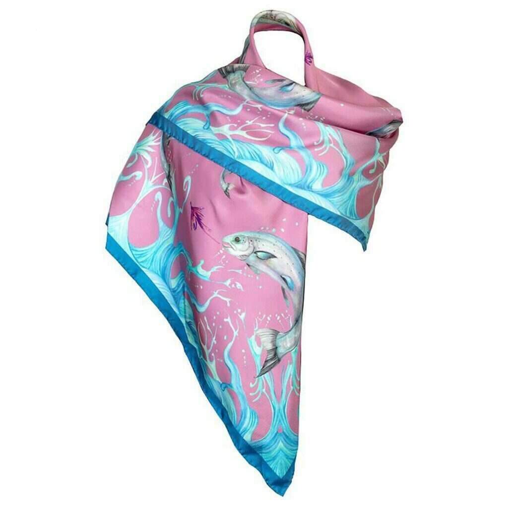 A pink and blue silk fish print headscarf