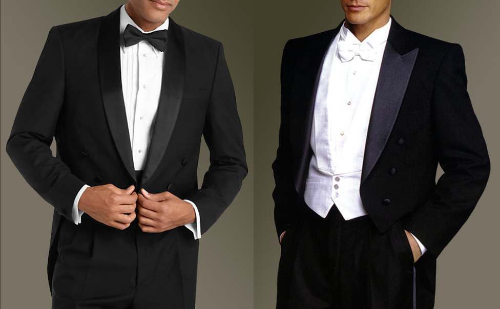 a man wearing an all black morning suit with a black bow tie and white shirt, positioned next to a man in an all black morning suit with a white bow tie