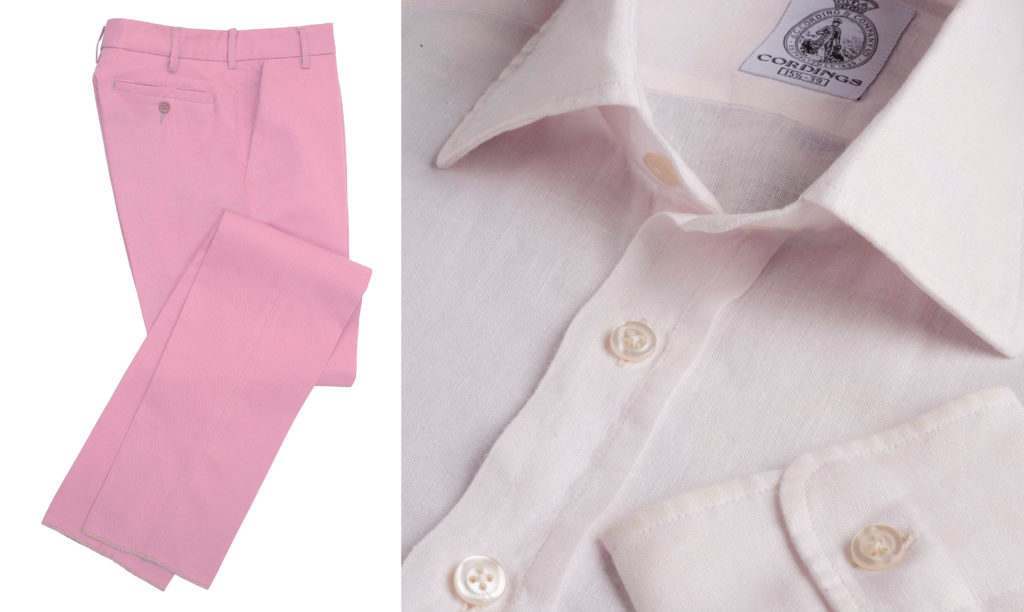 Blossom pink gabardine trousers and pale pink linen shirt