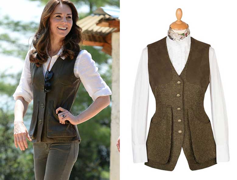 Duchess of York, Kate Middleton, wears a tweed and alcantara shooting vest