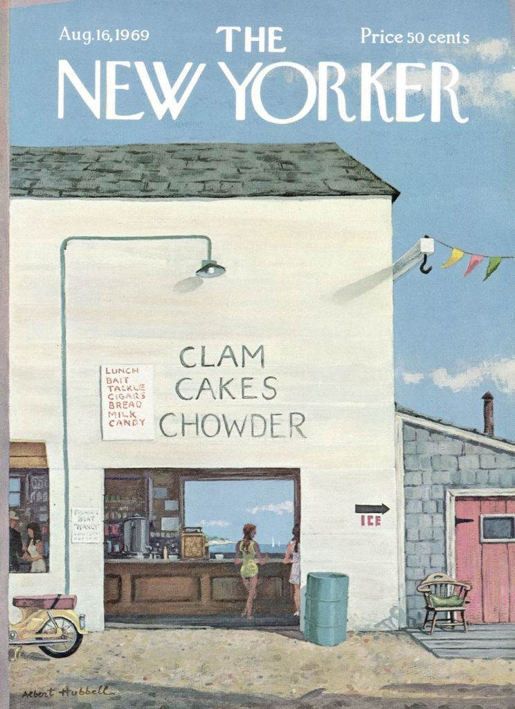 The front cover of The New Yorker magazine form August 1969, featuring a hand-drawn image of a café on the coast in Connecticut