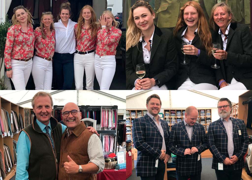 a collection of four photos depicting Cordings team members, including staff from the shop all wearing floral red and white shirts, a picture of three female members of staff in black velvet suits, Cordings managing director Noll Uloth with Greg Davis and three cordings male staff with blue suit jackets on.