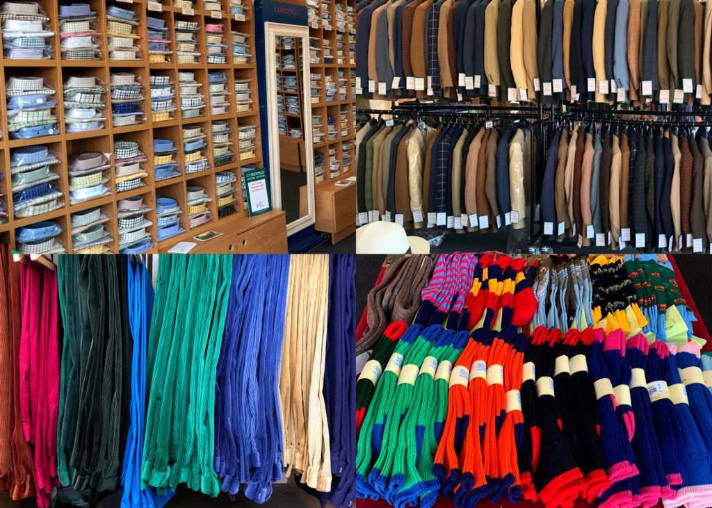 several picture depicting Cordings clothing including a rail of colourful corduroy trousers, pigeon holes full of tattersall shirts, a rack of Cordings Jackets and a pile of colourful socks