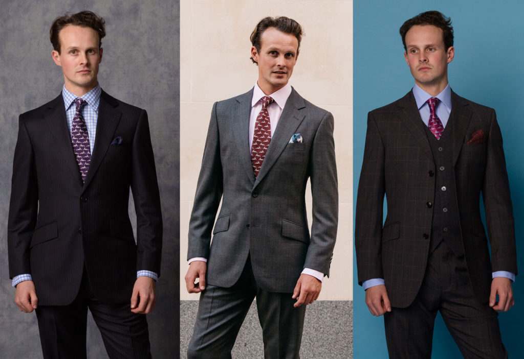 3 images side by side of men wearing two button and three button half canvas suits from Cordings