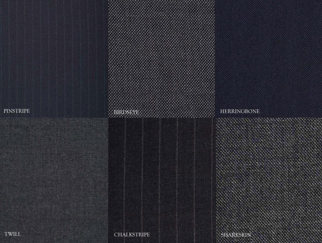 examples of six of the most popular suiting patterns in British suit style