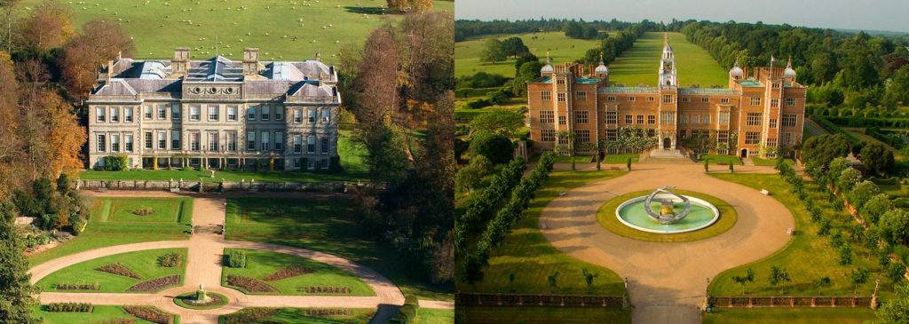 two side by side images of Ragley hall in Warwickshire and Hatfield House in Hertfordshire