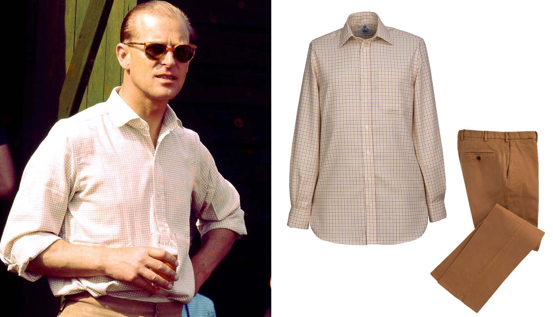 Prince Philip in a Tattersall shirt and sun glasses in 1961 positioned next to an image of a Cordings Tattersall shirt and a pair of Cordings brown chinos.