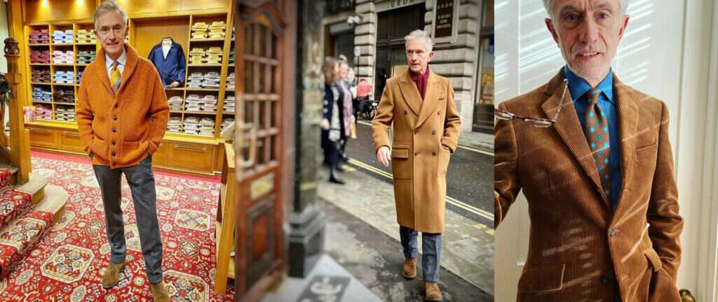 Grex Fox visits Cordings Piccadilly: David in the Donegal cardigan, double breasted polo coat and corduroy jacket