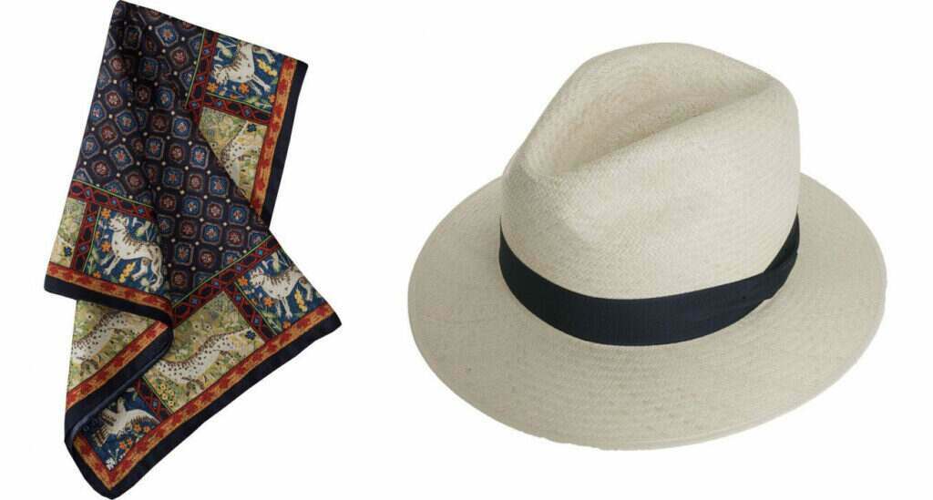 a Cordings handkerchief alongside a classic cordings panama hat
