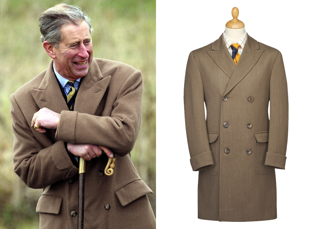 Image of King Charles out in the countryside wearing a double breasted brown coat and holding a cane, next to an image of a mannequin sporting the brown double breasted Charles covert coat from Cordings