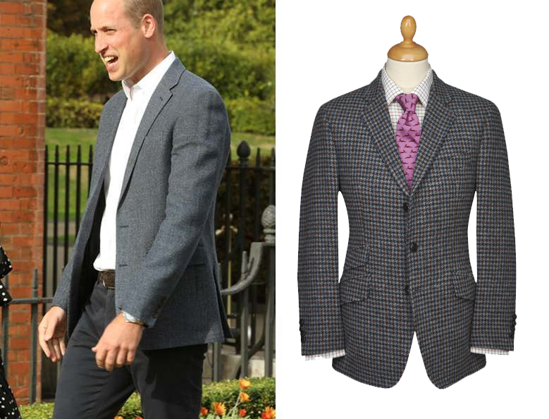 An image of Prince William walking by a gated house, wearing a two button tweed jacket over a white shirt and dark trousers, next to an image of Cordings' much loved Hebrides Harris Tweed jacket on a mannequin, paired with a vibrant pink tie