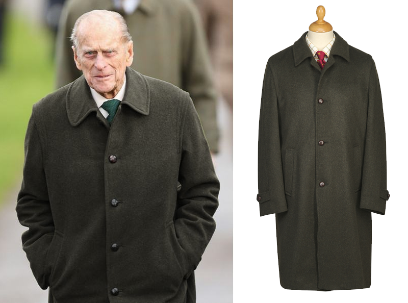 An image of Prince Philip pictured out wearing a dark green Loden coat next to an image of a mannequin wearing the Austrian Loden coat from Cordings