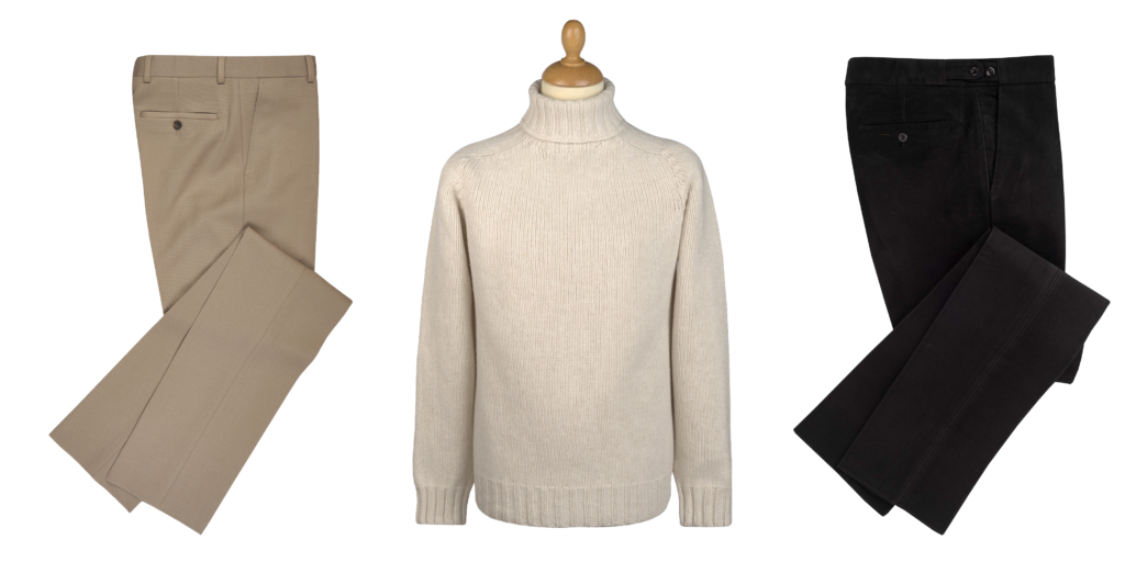 Cordings Twill trousers, cream roll neck and black moleskin trousers