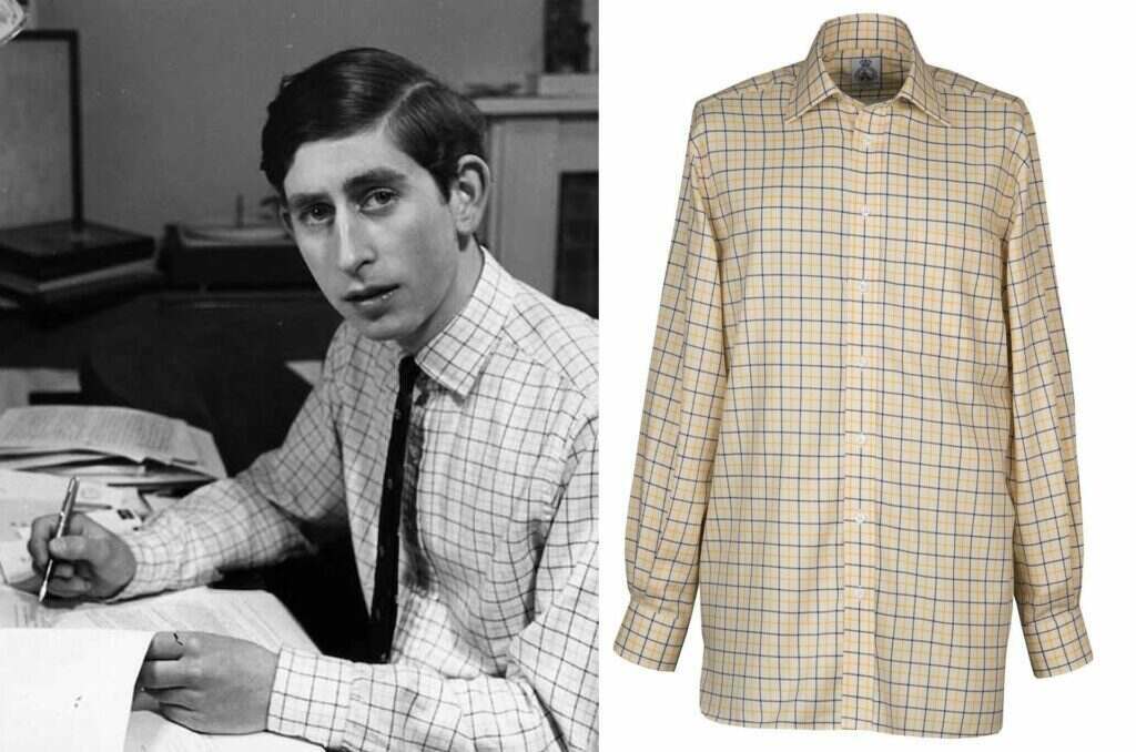 A dual image showing Charles in his school days sat at a desk in a tattersall style shirt, with a pen and paper in hand on the left, and a yellow tattersall style shirt on the right.