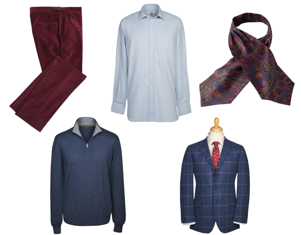Image made up of items of clothing, including burgundy corduroy trousers, a blue brushed shirt, a silk cravat in green paisley, a blue quarter zip jumper, and a blue check tweed jacket