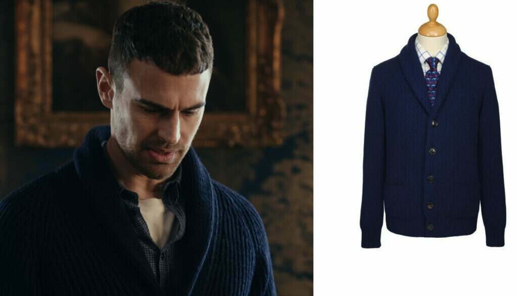 Theo James in the Netflix series The Gentlemen wearing a shawl collar cardigan from Cordings.